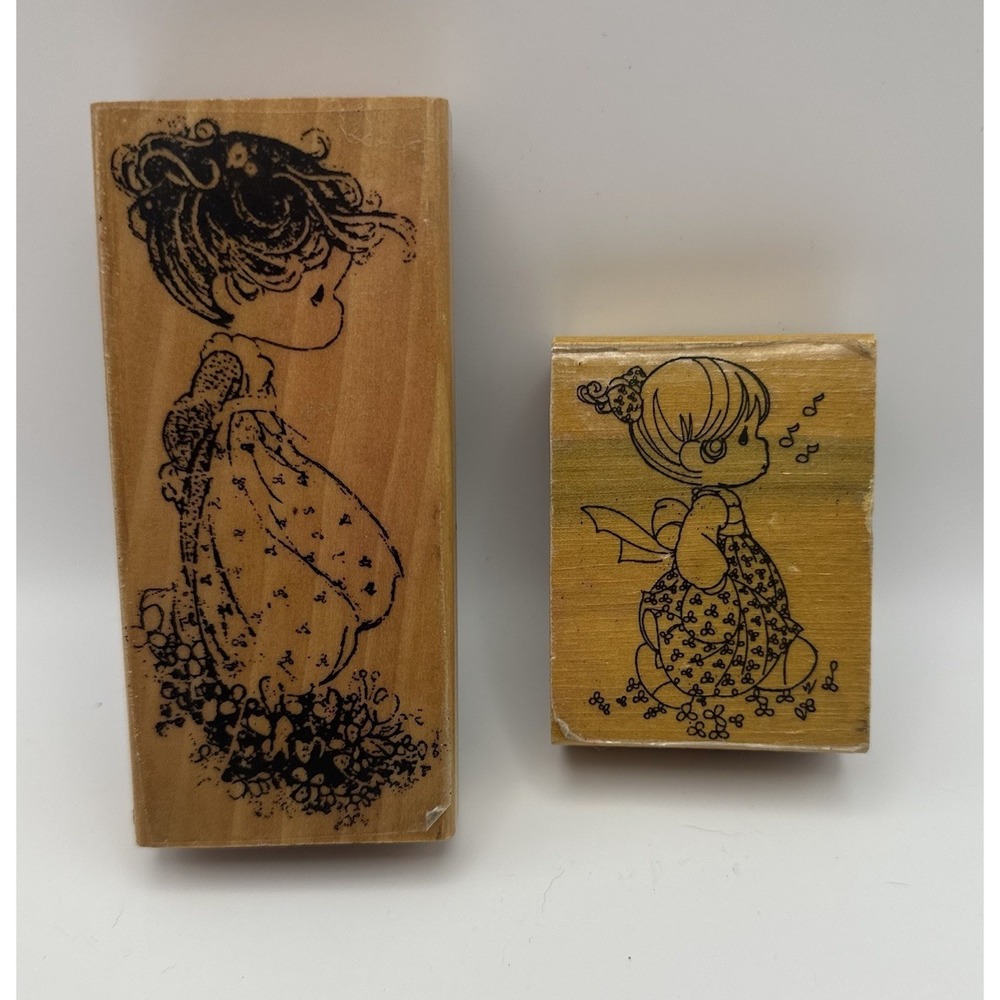 Precious Moments Make A Joyful Noise Flowers Wood Mount Rubber Stamp Lot Vintage